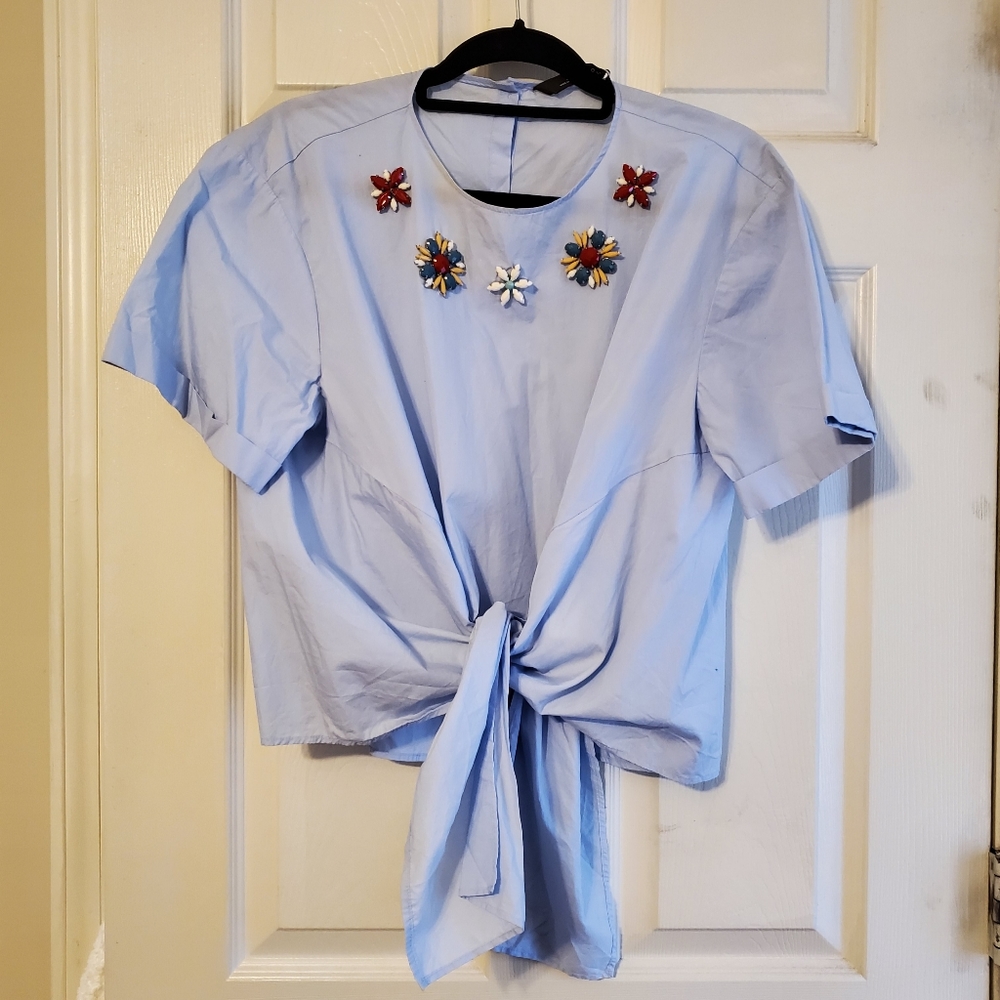 Zara Beaded floral Front Tie Summer Top Cotton Short Sleeve